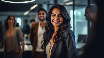 A woman of indian descent smiling in an office with other people, strong leadership image