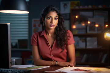 Fototapeta premium Attractive indian woman is standing at her office desk, inside office image