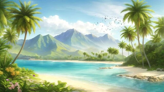 beautiful views of the beach and mountains with palm trees, seamless looping video background animation, cartoon style