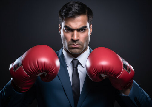 An indian businessman posing with boxing gloves, face challenges