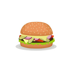 Burger with cutlet, cucumbers, onions, cheese, tomatoes, lettuce and sesame lies on a white background