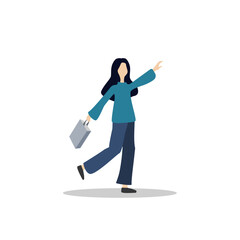 A girl in a blue sweater and pants with a bag is trying to stop someone, white background