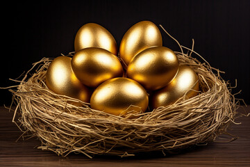 A nest with six golden eggs inside, banking and finance stock photo