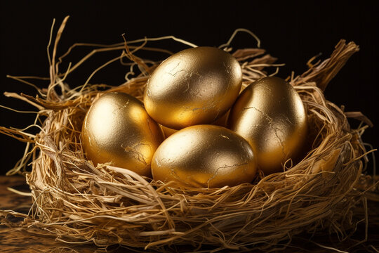 A nest of six golden eggs, banking and finance stock photo