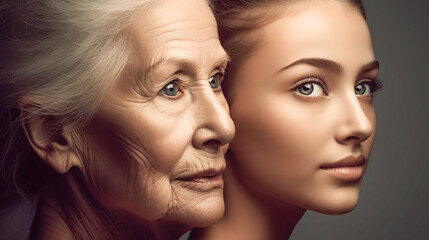 Obraz premium Faces of Young and Old Women. Concept Of Aging And Skin Care. AI Generated