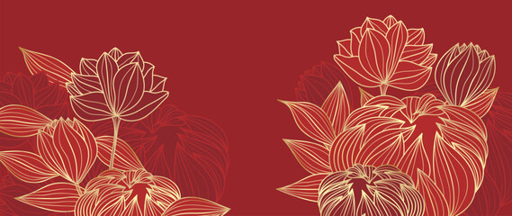 Luxury oriental flower background vector. Elegant peony flowers and leaves golden line art on red background. Floral pattern design illustration for decoration, wallpaper, poster, banner, card.