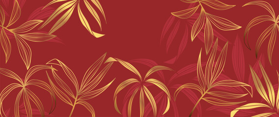 Luxury oriental foliage background vector. Elegant bamboo leaves golden line art on red background. Floral pattern design illustration for decoration, wallpaper, poster, banner, card.