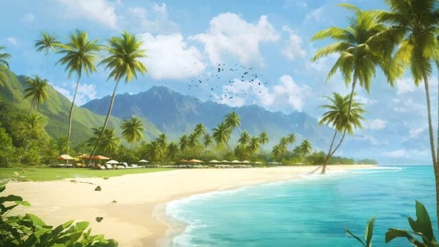 beautiful views of the beach and mountains with palm trees, seamless looping video background animation, cartoon style