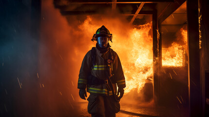 Brave Firefighter in Smoke.  Dramatic Firefighting Scene