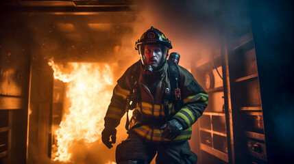 Brave Firefighter in Smoke.  Dramatic Firefighting Scene