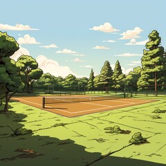 Cute Tennis Court with cartoon style isolated on a white background