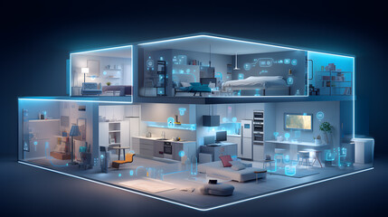 Fototapeta premium Explore the integration of smart home technology in modern flat design. This detailed photograph showcases voice-controlled devices, automated systems, and intelligent home solutions.