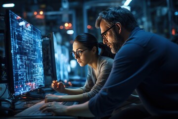 Male and female engineers working in front of a computer screen in an industrial factory