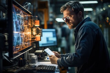 Obraz premium Male and female engineers working in front of a computer screen in an industrial factory