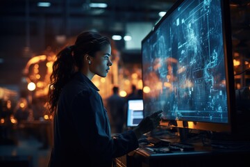 Male and female engineers working in front of a computer screen in an industrial factory - obrazy, fototapety, plakaty