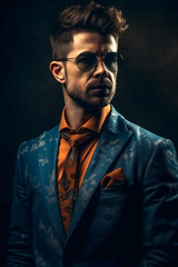 Fototapeta premium Fashionable male model in a trendy suit and sunglasses. AI Generated..