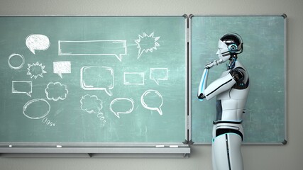 Humanoid Robot Chalkboard Teacher Speech Bubbles