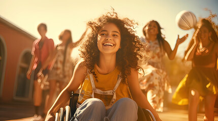 Afro girl in wheelchair playing with friends