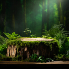 Wooden podium tabletop blurs the green backdrop, Green moss thrives on the aged log stage, green podium for nature product display, showcase, studio lighting, Generative AI.