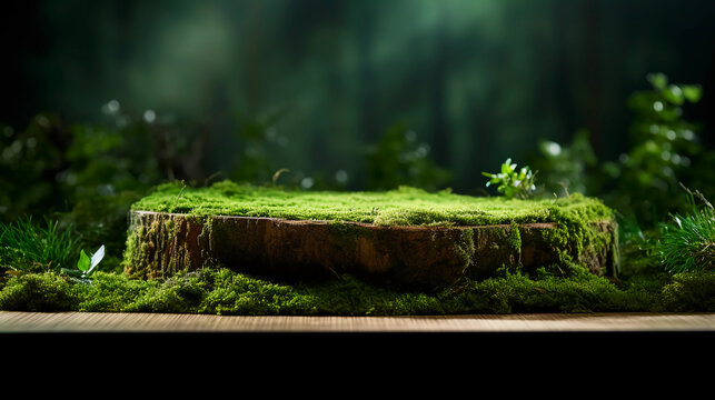 Wooden podium tabletop blurs the green backdrop, Green moss thrives on the aged log stage, green podium for nature product display, showcase, studio lighting, Generative AI.