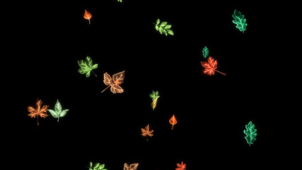 Obraz premium illustration of falling leaves in black background. Modern template backdrop with glowing beams