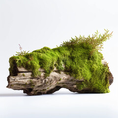 Fototapeta na wymiar Green moss thrives on the aged log , green podium on white background for nature product display, showcase, studio lighting, Generative AI.