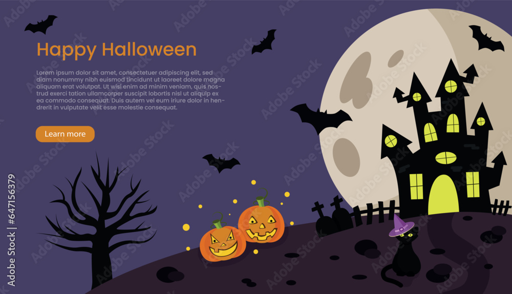 Wall mural Happy Halloween banner or party invitation background with black house,a tree and full moon. Place for text