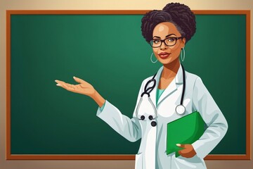 Illustration einer Ärztin, die eine Rede hält und vor einer leeren grünen Tafel steht