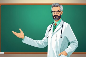 Illustration eines Arztes, der eine Rede hält und vor einer leeren grünen Tafel steht.