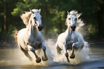 Obraz na płótnie Canvas Two White Horses Are Running Through The Water Two White Horses, Running Through Water, Animal Power, Wild Beauty, Equine Strength, Wet Freedom, Majestic Movements, Invigorating Moment