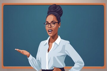 Illustration einer weiblichen Managerin, die eine Rede hält und vor einer leeren blauen Tafel steht.
