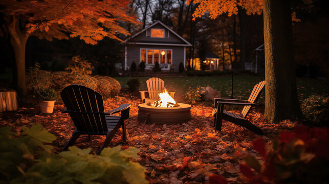 Glowing Fire Pit and Lawn Chairs.  Relaxing by the Fire Pit on a Chilly Autumn Evening.