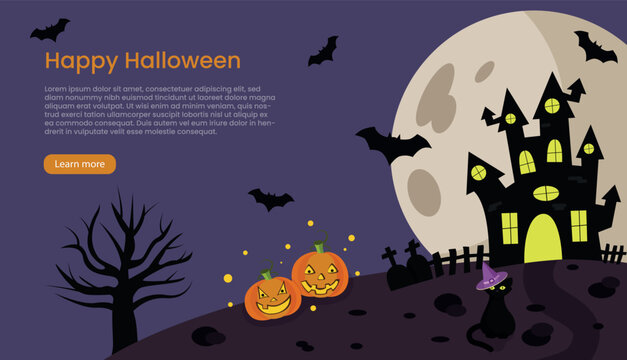 Happy Halloween banner or party invitation background with black house,a tree and full moon. Place for text