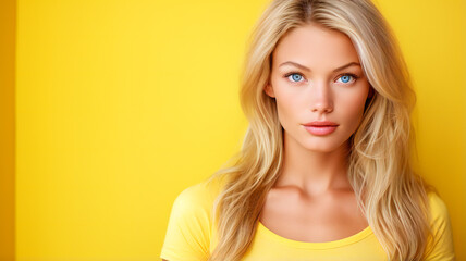 Gorgeous Blonde Hair, Blue Eyes, and a Yellow Background. Charming  Woman