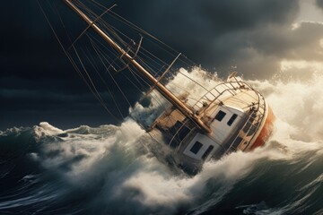 Yacht Crashes In A Storm Generative Ai - obrazy, fototapety, plakaty