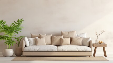 Fototapeta na wymiar The minimalist living room has a sofa and beige walls.
