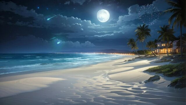 landscape of beach at night with full moon, seamless looping video background animation, cartoon style