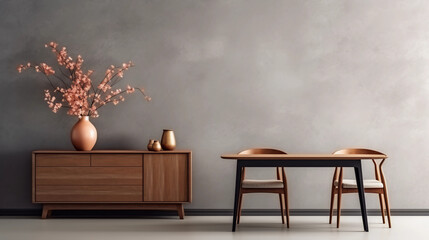 Interior of minimal living room with wooden chair, chest of drawers and vase with flowers near the wall, extremely modern and minimalistic style, Sweet home, relax, window light, Generative AI.