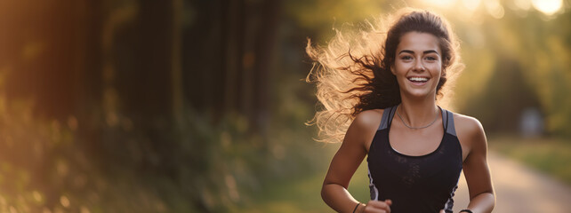 Happy athletic girl jogging outdoors - obrazy, fototapety, plakaty