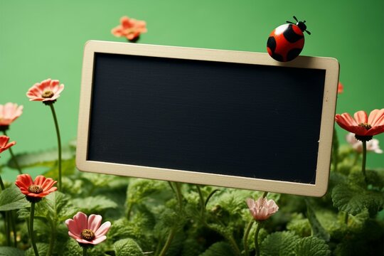Empty notice board with flower and ladybird icon