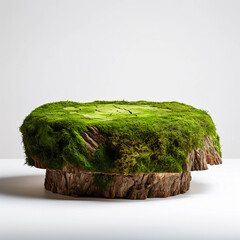 Wooden podium tabletop, Green moss thrives on the aged log stage, green podium on white background for nature product display, organic products showcase, studio lighting, Generative AI.