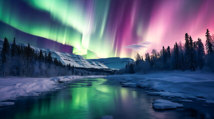 Ribbons of Northern Lights in the Snowy North