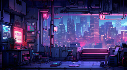 Retro Pixel Cyberpunk Cityscape: A Beautiful Fusion of Cyberpunk Aesthetics in a Nostalgic Pixel Art Style - Perfect for Music Videos and Atmospheric Backgrounds