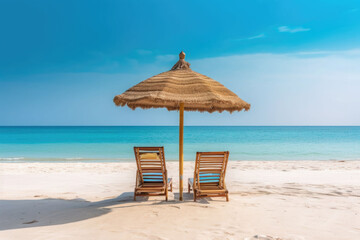 Beautiful beach. Chairs on the sandy beach near the sea. Summer holiday concept. Generative AI