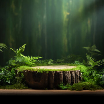 Wooden Podium Tabletop Blurs The Green Backdrop, Green Moss Thrives On The Aged Log Stage, Green Podium For Nature Product Display, Organic Product Showcase, Studio Lighting, Generative AI.