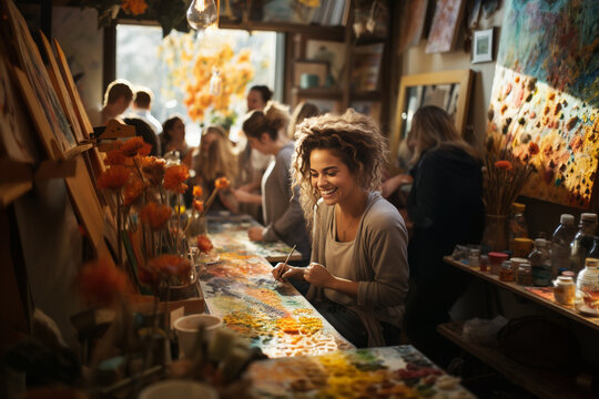 Painting class with multicultural adult students of different age, learning a new skill, art workshop, leisure activity in a group