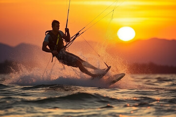 Kitesurfer in action on a beautiful background of spray during the sunset