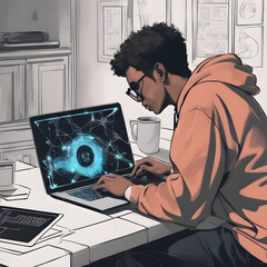 Man with laptop working programmer hologram creating