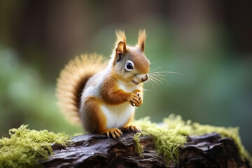 Fototapeta premium A cute little american red squirrel (Tamiasciurus hudsonicus) sitting on a tree stump, eating seeds