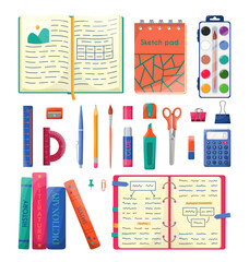 Set of school stationery or office supplies. Back to school and education concept. Tools for kids, pupils, students. Items collection for web design, educational study promotion ads, social media